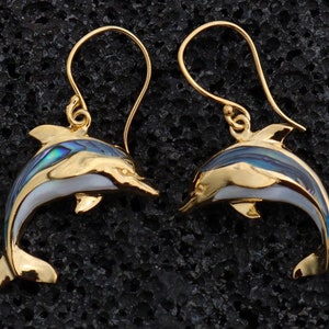 18K Gold Vermeil Aumakua Dolphins Earrings. Abalone Paua Shell, Mother of Pearl, 18K Gold, Sterling Silver.