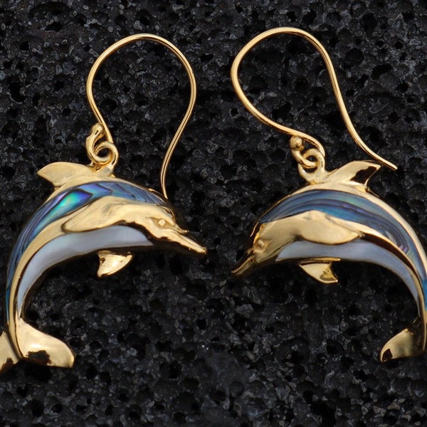 Gold Vermeil Dolphin Earrings, Abalone Paua Shell, Sterling Silver