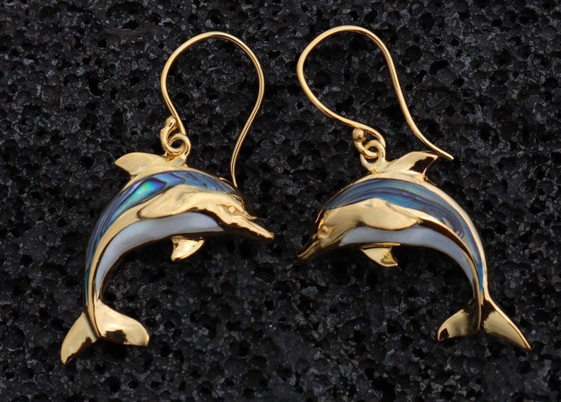 18K Gold Vermeil Aumakua Dolphins Earrings. Abalone Paua Shell, Mother of Pearl, 18K Gold, Sterling Silver. image 1