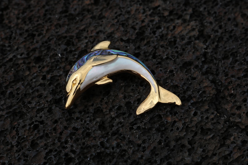 18K Gold Vermeil Aumakua Dolphin Necklace Pendant Abalone Paua Shell Sterling Silver 18K Gold. Mother of Pearl