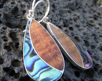 Teardrop Earrings | Paua Abalone Shell | Koa Wood | Sterling Silver | Gift | Jewelry | Handmade | Unique