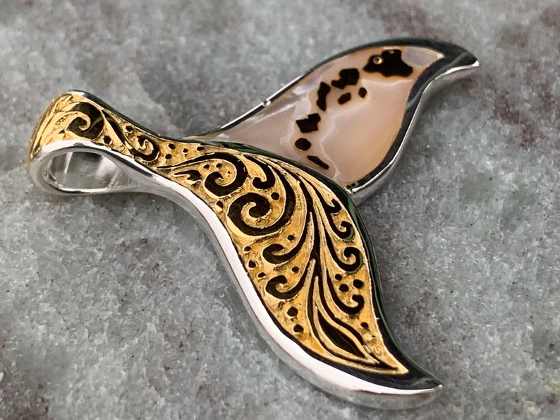 Hawaiian Islands Whale Tail Pendant Necklace. Kauai, Oahu, Maui, Big Island of Hawaii. Gold, Silver, Mother of Pearl. image 9