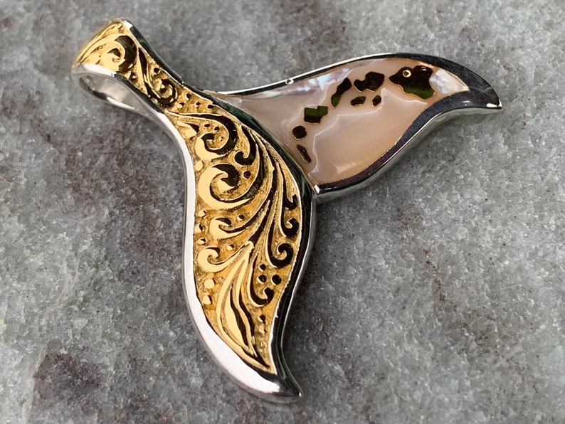 Hawaiian Islands Whale Tail Pendant Necklace. Kauai, Oahu, Maui, Big Island of Hawaii. Gold, Silver, Mother of Pearl. image 2