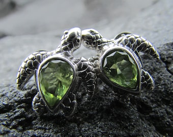 Sea Turtle Stud Earrings | Sterling Silver | Peridot | Ocean | Beach | Gift | Jewelry | Handmade | Unique