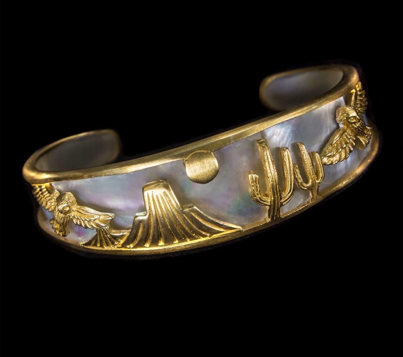 Owl Moon Cactus Cuff Bracelet Bangle 18K Gold Vermeil Mother of Pearl