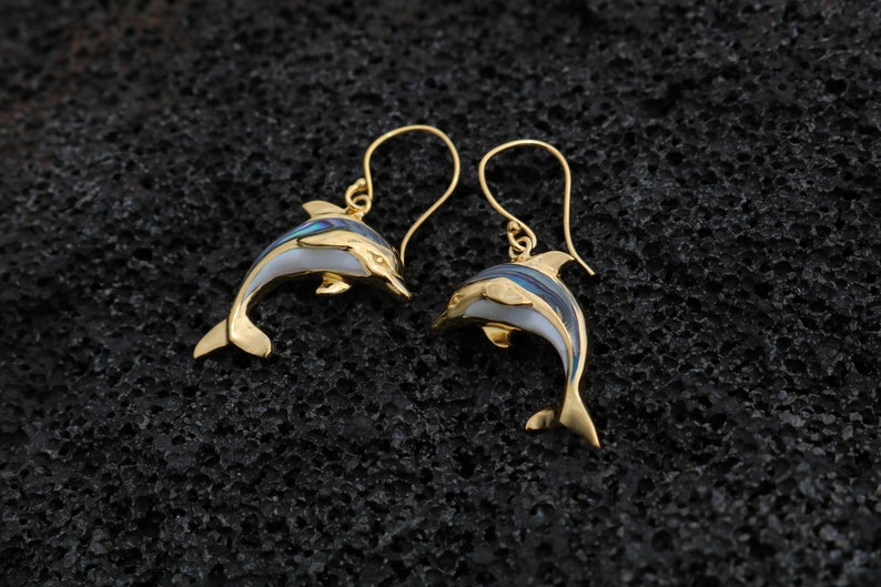 18K Gold Vermeil Aumakua Dolphins Earrings. Abalone Paua Shell, Mother of Pearl, 18K Gold, Sterling Silver. image 6