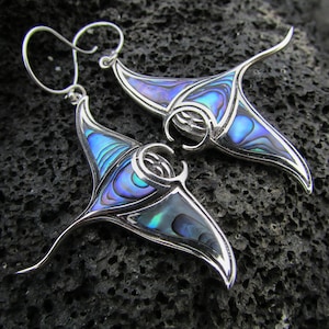 Orecchini Manta Ray Stingray fatti a mano / Abalone / Conchiglia Paua / Argento Sterling