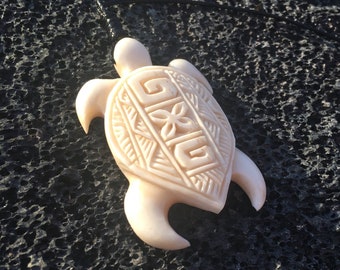 Polynesian Design Bone Carved Turtle (Hawaiian Honu) Necklace. Adjustable length cord.