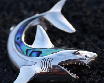 Shark Necklace Pendant. Sterling Silver, Mother of Pearl