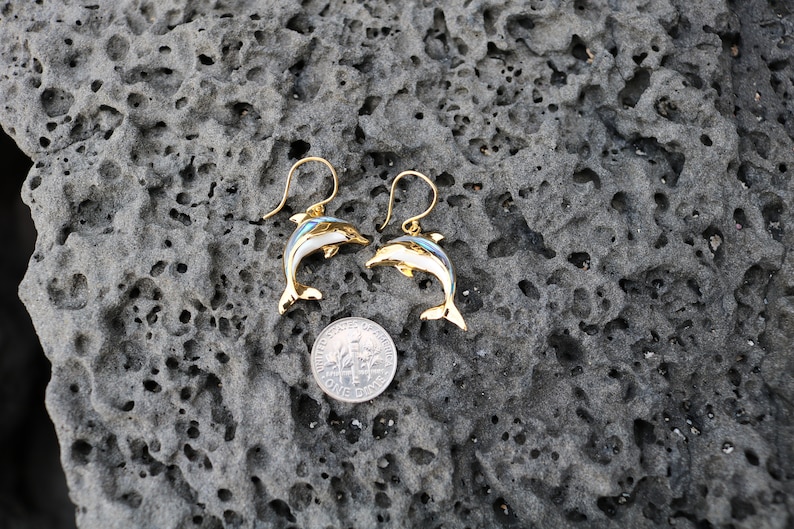 18K Gold Vermeil Aumakua Dolphins Earrings. Abalone Paua Shell, Mother of Pearl, 18K Gold, Sterling Silver. image 7