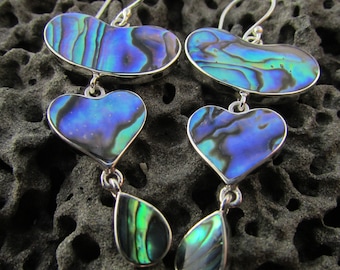 Heart Teardrop Earrings. Abalone Paua Shell. Sterling Silver.