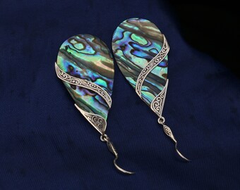 Orecchini Pendenti A Conchiglia In Argento Sterling 925, Con Opale Blu Creato, Ipoallergenici, Per Donna - 4