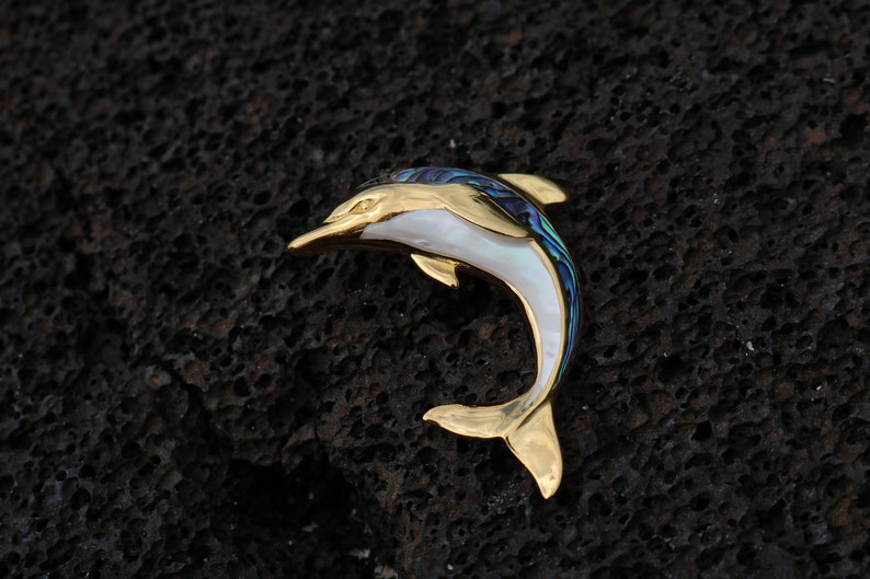 18K Gold Vermeil Aumakua Dolphin Necklace Pendant Abalone Paua Shell Sterling Silver 18K Gold. Mother of Pearl