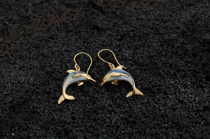 18K Gold Vermeil Aumakua Dolphins Earrings. Abalone Paua Shell, Mother of Pearl, 18K Gold, Sterling Silver. image 4