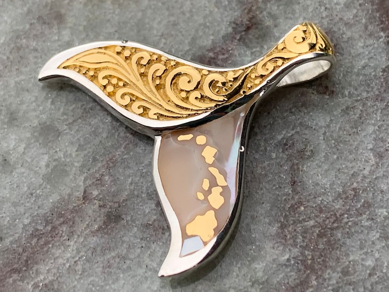 Hawaiian Islands Whale Tail Pendant Necklace. Kauai, Oahu, Maui, Big Island of Hawaii. Gold, Silver, Mother of Pearl. image 3