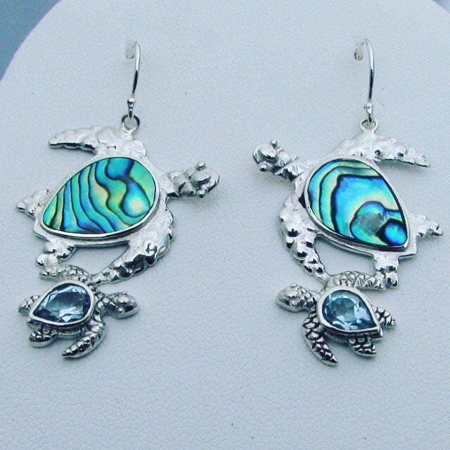 Sea Turtle Couple Earrings Abalone Paua Shell Blue Topaz | Etsy