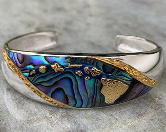 Hawaiian Islands Chain Bracelet Cuff. Kauai, Oahu, Maui, Big Island of Hawaii. Silver, 18k Gold, Abalone Paua Shell.