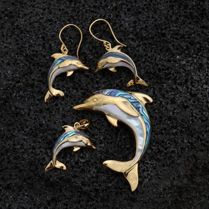 18K Gold Vermeil Aumakua Dolphins Earrings. Abalone Paua Shell, Mother of Pearl, 18K Gold, Sterling Silver. image 3