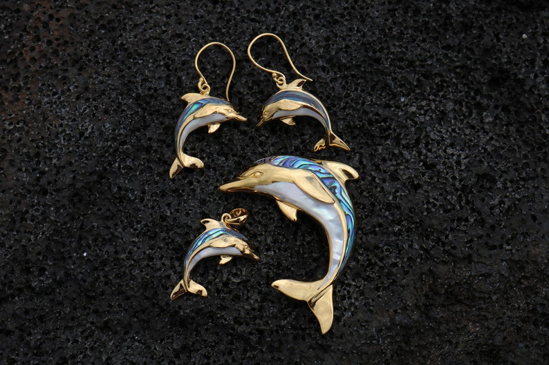 18K Gold Vermeil Aumakua Dolphins Earrings. Abalone Paua Shell, Mother of Pearl, 18K Gold, Sterling Silver. image 3