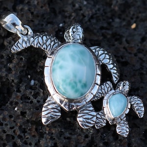 Larimar schildpad en baby ketting hanger sieraden. Sterlingzilver.