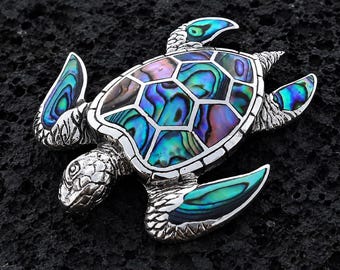 Green Sea Turtle Necklace Pendant. Hawaiian Honu. Sterling Silver, Abalone Shell.