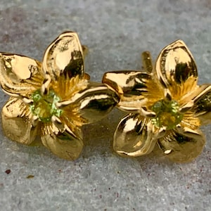 Plumeria Flower Gold Vermeil Earrings Studs. Peridot.