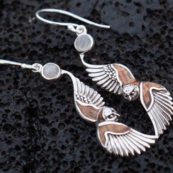 Owl Hawaiian Pueo Aumakua Earrings. Moonstone, Hawaiian Koa Wood, Mother of Pearl, Sterling Silver