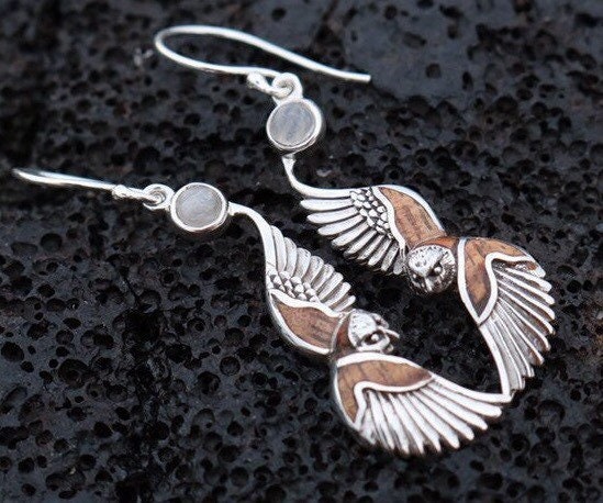 Owl Hawaiian Pueo Aumakua Earrings. Moonstone, Hawaiian Koa Wood, Mother of Pearl, Sterling Silver