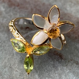 Plumeria Flower Ring. Gold, Silver, Citrine, Peridot, Mother of Pearl.