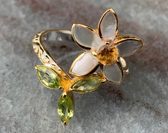 Plumeria Flower Ring. Gold, Silver, Citrine, Peridot, Mother of Pearl.