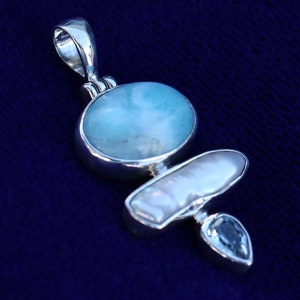 Larimar, Pearl and Blue Topaz Triple Pendant Necklace. Sterling Silver.
