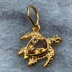 Op de afbeelding: Een gouden schildpad hanger met een heldere, gefacetteerde, amberkleurige edelsteen in het midden.
