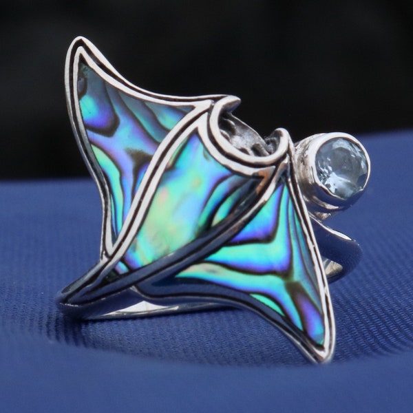 Manta Ray Ring Hawaiian Hahalua. Abalone Paua Shell. Blue Topaz. Sterling Silver.