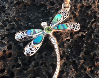 Dragonfly Necklace Pendant | Sterling Silver | Abalone Shell | Peridot | Amethyst | Blue Topaz | Gift | Jewelry | Handmade | Unique