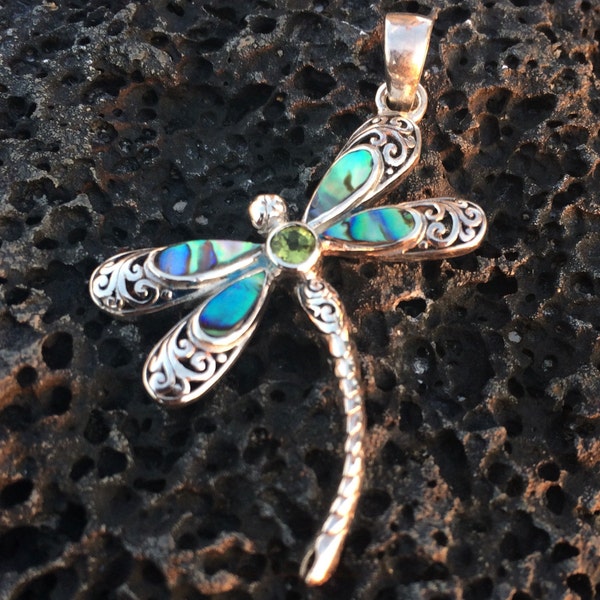 Dragonfly Necklace Pendant | Sterling Silver | Abalone Shell | Peridot | Amethyst | Blue Topaz | Gift | Jewelry | Handmade | Unique