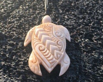 Polynesian Design Bone Carved Turtle (Hawaiian Honu) Necklace. Adjustable length cord.