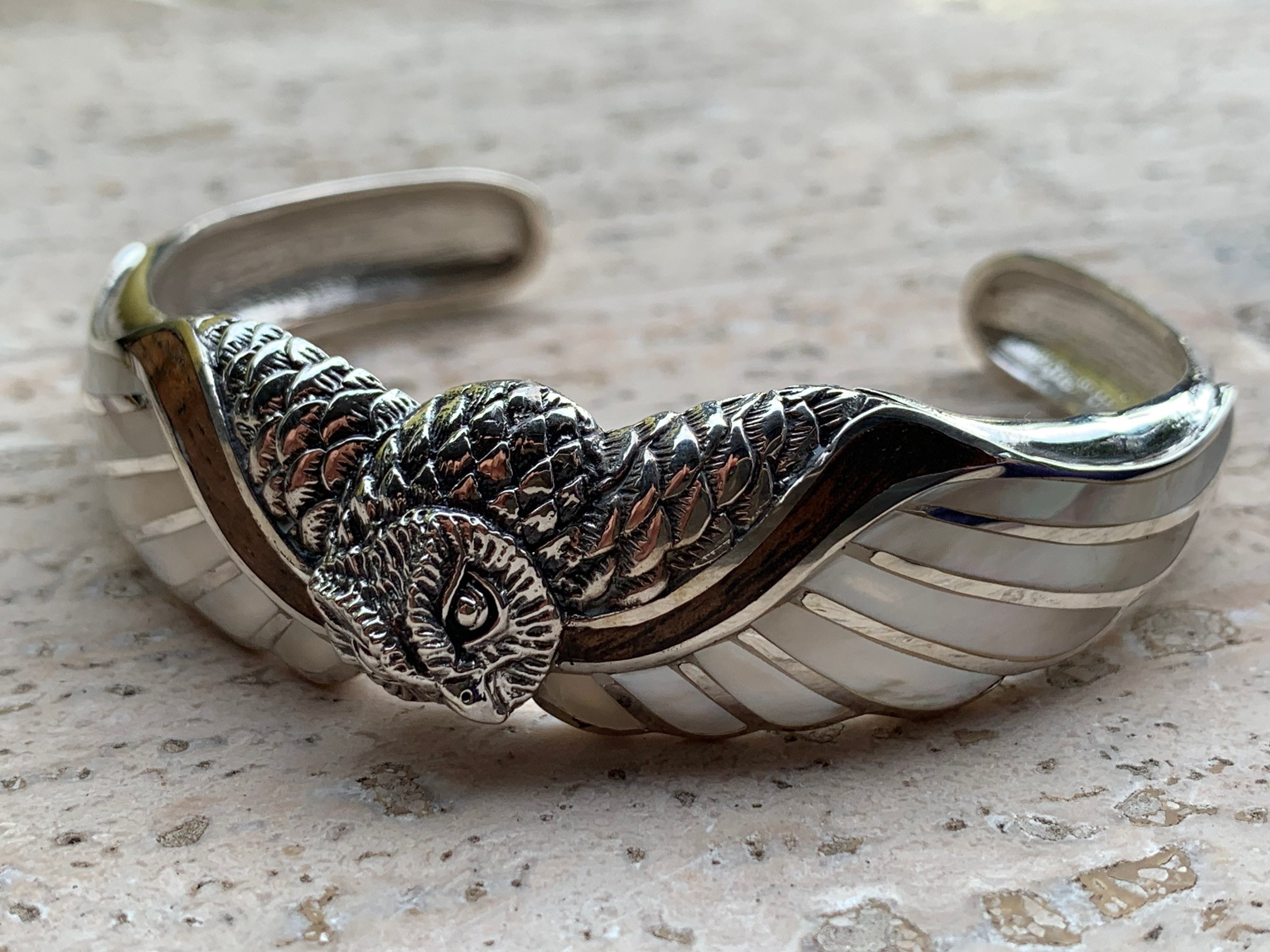 Owl cuff bracelet. Hawaiian Koa Wood. Mother of Pearl. Sterling Silver.