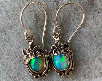 Opal Plumeria Flower Earrings. Sterling Silver.