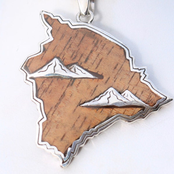 Big Island of Hawaii Mountains. Mauna Kea and Mauna Loa Pendant Necklace. Hawaiian Koa Wood. Sterling Silver.