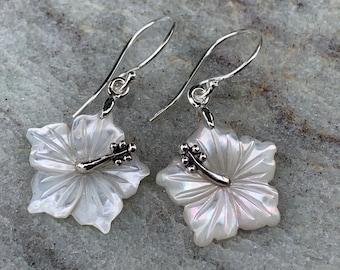 Hibiscus Flower Necklace Earrings. Hawaiian State Flower. Sterling Silver, Mother of Pearl