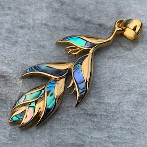 18K Gold Vermeil Heliconia Flower Necklace Pendant. Abalone Shell.