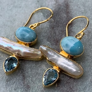 Larimar, Pearl, Blue Topaz 18k Gold Vermeil Earrings.
