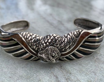 Owl cuff bracelet. Hawaiian Koa Wood. Mother of Pearl, Black Lip Oyster Shell, Sterling Silver.