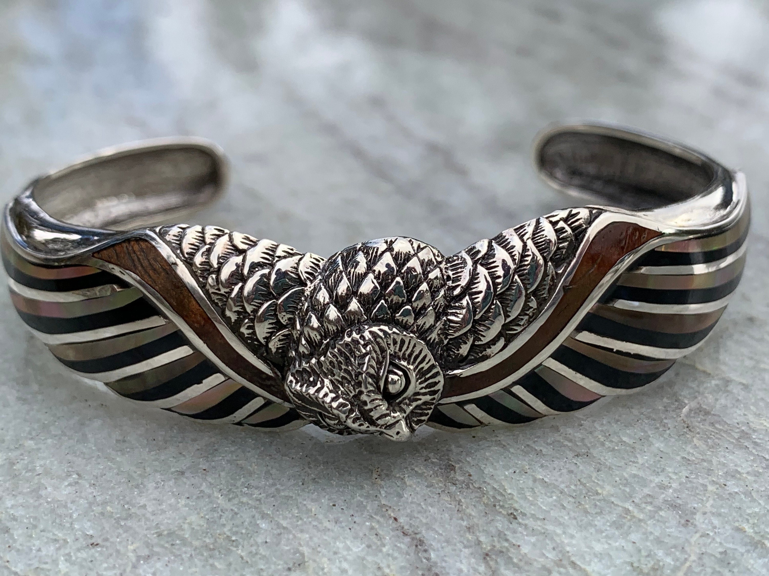 Sterling Silver Owl Cuff Bracelet, Koa Wood, Mother of Pearl