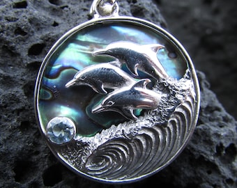 Dolphin Wave Necklace Pendant Large | Blue Topaz | Abalone Paua Shell | Sterling Silver | Ocean | Beach | Gift | Jewelry | Handmade | Unique