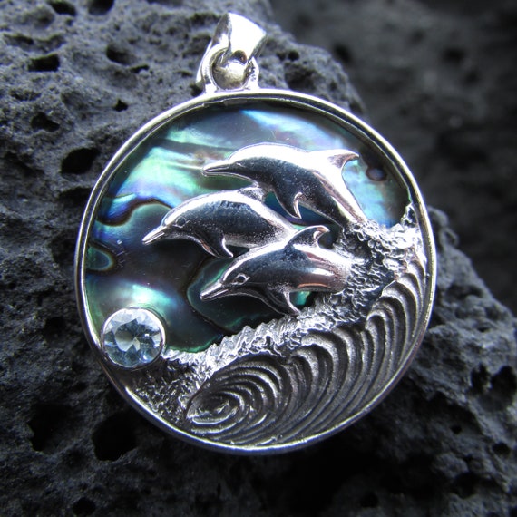 Dolphin Wave Necklace Pendant Large Blue Topaz Abalone Paua Shell