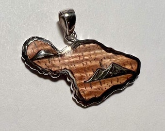 Maui Island Hawaiian Pendant Necklace. Hawaiian Koa Wood. Sterling Silver.