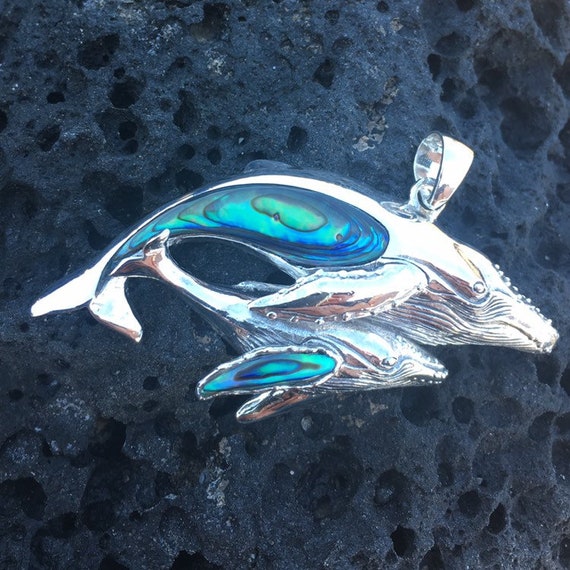 Sterling Silver Blue Inlay Opal Dolphin and Baby Calf Pendant Sterling Silver Blue Inlay Opal Dolphin and Baby Calf Pendant