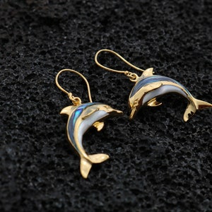 18K Gold Vermeil Aumakua Dolphins Earrings. Abalone Paua Shell, Mother of Pearl, 18K Gold, Sterling Silver. image 5