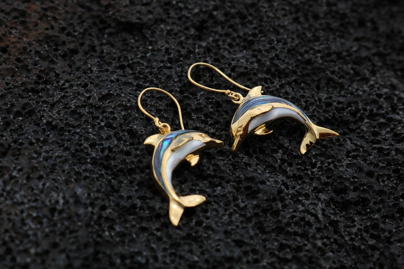 18K Gold Vermeil Aumakua Dolphins Earrings. Abalone Paua Shell, Mother of Pearl, 18K Gold, Sterling Silver. image 5